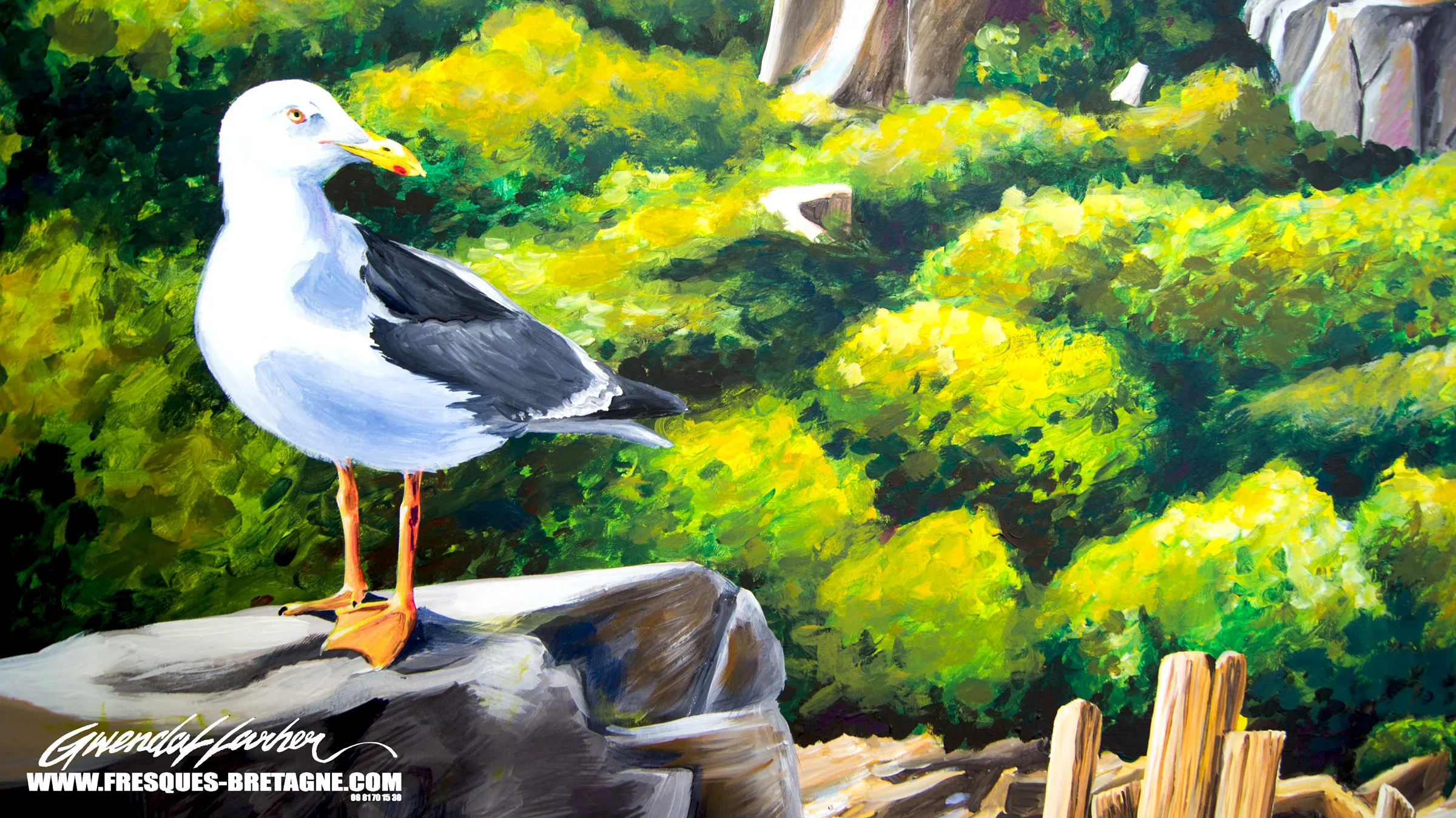Détail trompe-l'œil mouette rieuse, fresque marine piscine intérieure à Paimpol